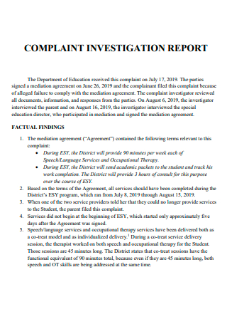 Printable Complaint Investigation Report