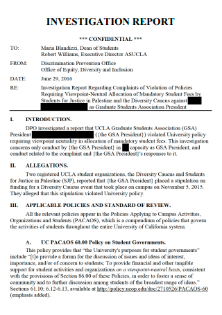 Printable Confidential Investigation Report