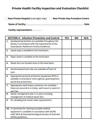 Private Health Facility And Evaluation Inspection Checklist