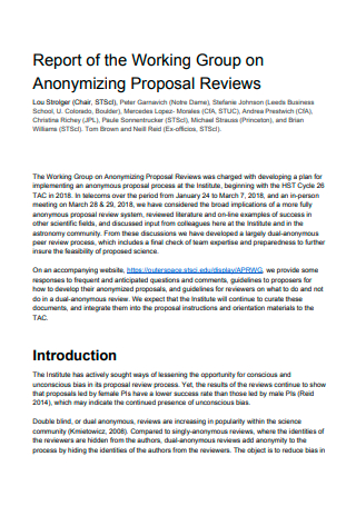 Proposal Reviews Report of Working Group