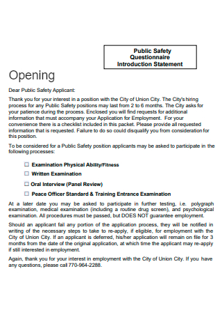 Public Safety Questionnaire Introduction Opening Statement