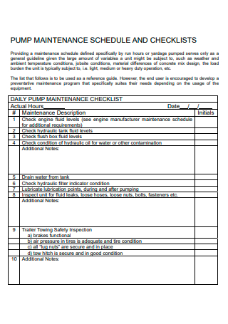 Pump Maintenance Schedule Checklist