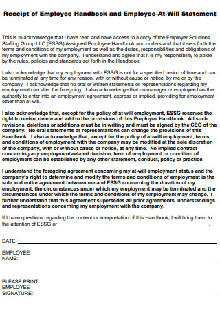 Receipt of Employee Handbook and Employee At Will Statement