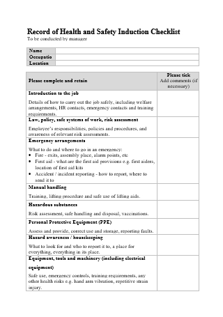 Record of Health and Safety Induction Checklist