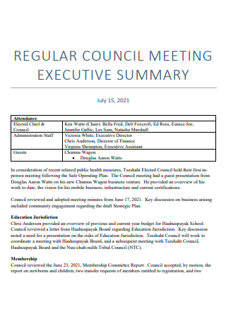 Regular Council Meeting Executive Summary