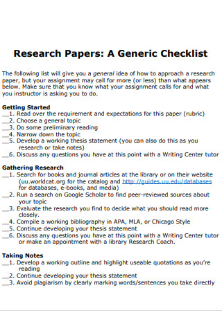 Research Generic Paper Checklist
