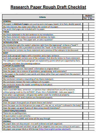Research Paper Rough Draft Checklist