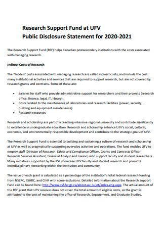 Research Support Fund Public Disclosure Statement