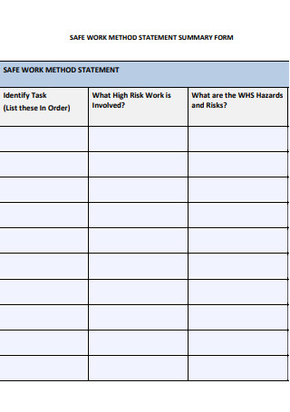 Safe Work Method Statement Summary Form