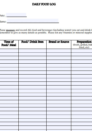 Sample Daily Food Log Spreadsheet