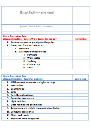 Sample Facility Cleaning Checklist