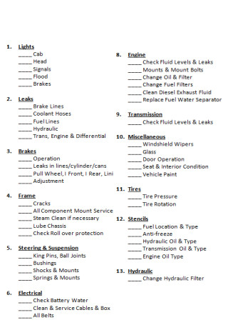 Sample Fleet Vehicle Inspection Checklist