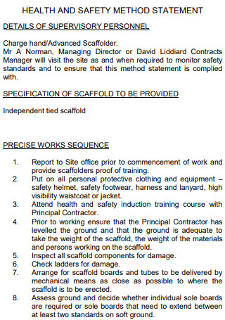 Sample Health And Safety Method Statement