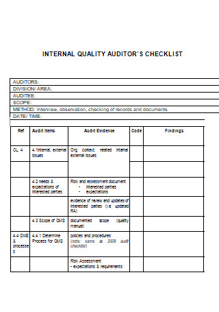 Sample Internal Quality Audit Checklist