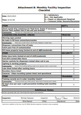 Sample Monthly Facility Inspection Checklist