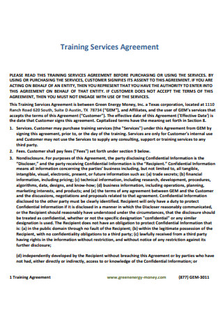 Sample Training Services Agreement