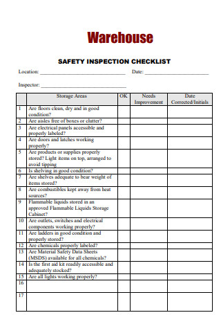 Sample Warehouse Safety Inspection Checklist