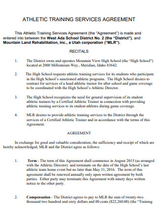School District Atheletic Training Services Agreement