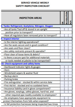 Service Weekly Vehicle Safety Inspection Checklists