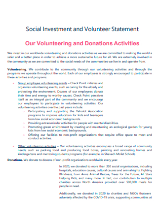 Social Investment and Volunteer Statement