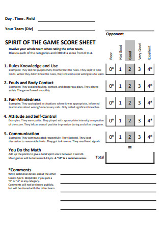 Spirit of Game Score Sheet