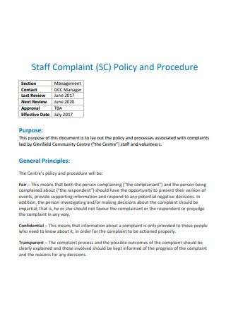 Staff Complaint Policy and Procedure