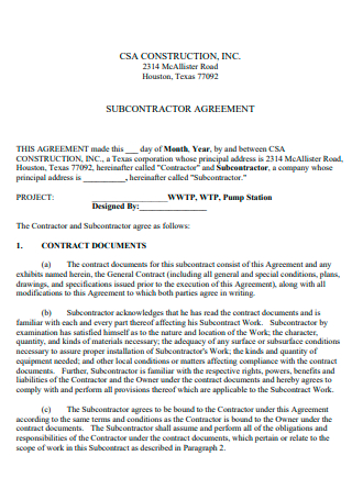 Standard Construction Subcontractor Agreement