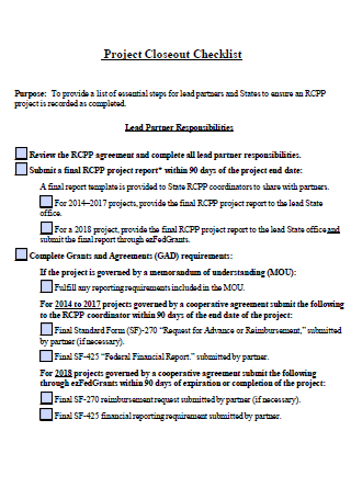 Standard Project Closeout Checklist Template