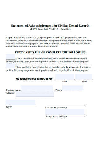 Statement of Acknowledgement for Civilian Dental Records