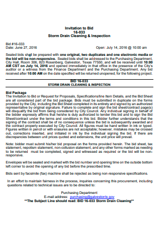 Storm Drain Cleaning and Inspection Bid Sheet