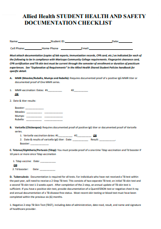 Student Health and Safety Documentation Checklist