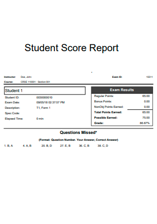 Student Score Report Example