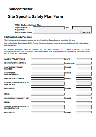 Subcontractor Site Safety Plan Form