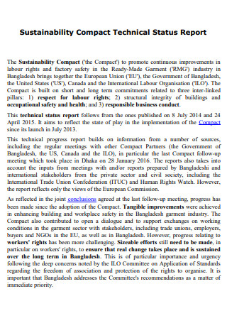 Sustainability Compact Technical Status Report