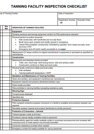 Tanning Facility Inspection Checklist