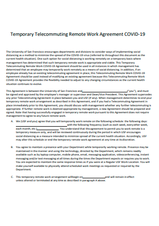 Temporary Telecommuting Remote Work Agreement Covid 19