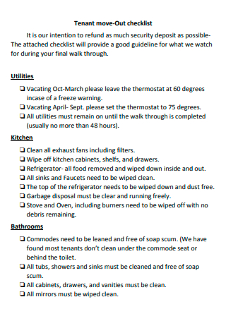 Tenant Move Out Checklist Example