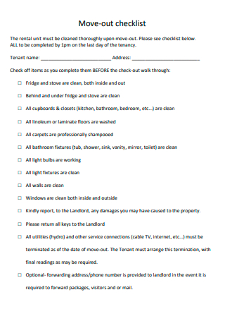 Tenant Move Out Checklist Format