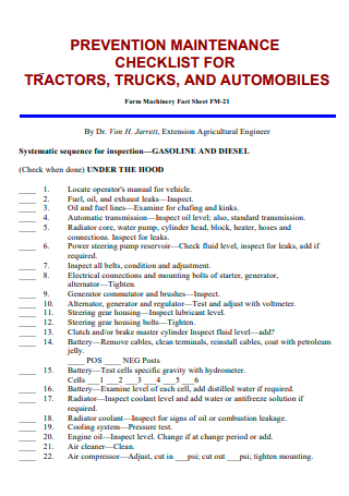 Truck Prevention Maintenance Checklist