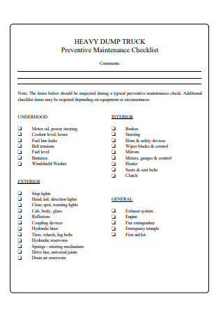 Truck Preventive Maintenance Checklist