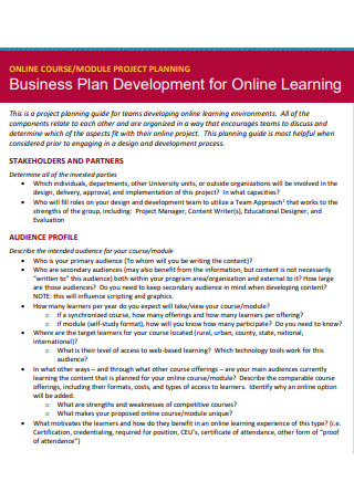 University Business Plan Development for Online Learning