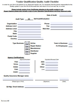 Vendor Qualification Quality Audit Checklist