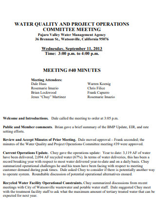 Water Quality Project Operations Meeting Minutes