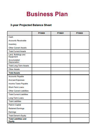3 Year Projected Balance Sheet Business Plan