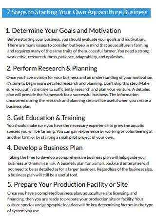 7 Steps Aquaculture Business Plan