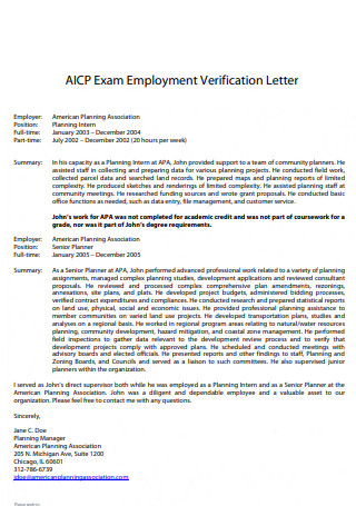 AICP Exam Employment Verification Letter