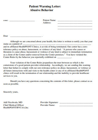 Abusive Behavior Patient Warning Letter