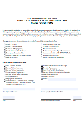 Agency Statement of Acknowledgment For Family