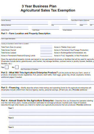 Agricultural Sales 3 Year Business Plan