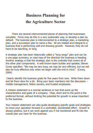 Agriculture Sector Business Plan